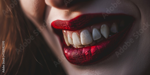 Frauen Mund mit roten Lippen und Vampirzähnen als Nahaufnahme im Querformat für Banner, ai generativ