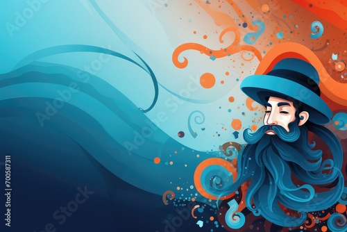Jewish man in a hat with long blue beard. Abstract background for February 14: Purim 
