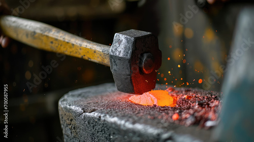 Closeup of blacksmith heavy hammer striking red hot piece of iron on an anvil. Blacksmithing, handwork, metal products.