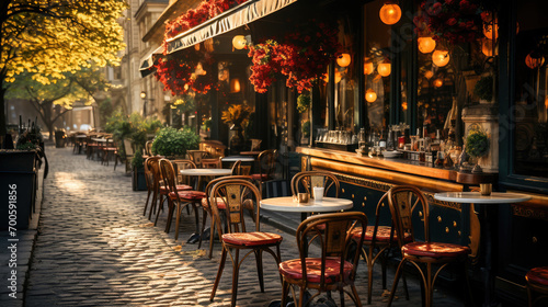 Charming European street cafe with outdoor bistro tables and chairs, sunlight casting a warm glow on a cobblestone alley.