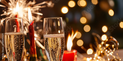 Neujahr Sylvester Prosit mit Sektglas mit Feuerwerk im Hintergrund Design für Werbung und Druck. ai generativ