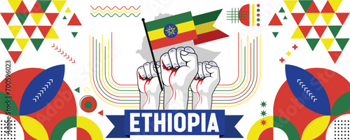 Ethiopia national or independence day banner for country celebration. Flag of Ethiopia with raised fists. Modern retro design with typorgaphy abstract geometric icons. Vector illustration.