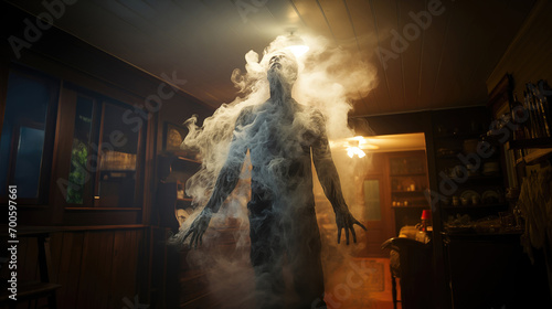 Smoke takes the shape of a figure with arms spread in a cozy room with wooden furniture and warm lighting