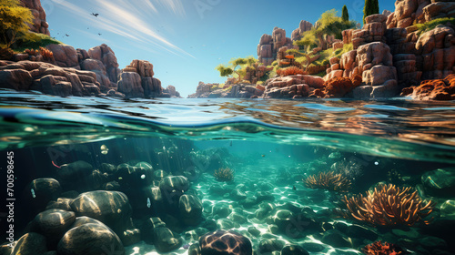 A split view image capturing the stunning underwater marine life and the rocky landscape above water under a clear blue sky.