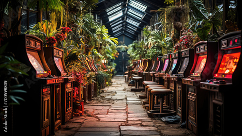 Vintage arcade room with rows of classic coin-operated gaming machines among lush green plants.