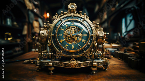 An exquisitely crafted vintage clock with visible gears and ornate brass details resting on a table.