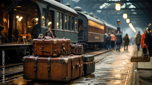 Vintage leather suitcases on a train station platform with passengers and trains in the background, creating a nostalgic travel scene.