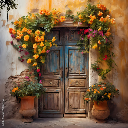 Rustic wooden door with colorful flowers.