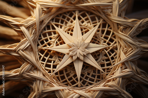 An image of an intricate straw mandala, showcasing geometric patterns and symmetry.