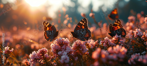 Pair of loving butterflies sitting on a blossoming tree at sunset in late summer