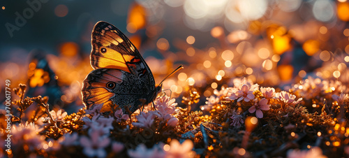Close-up of a butterfly sitting on blossoms - widescreen background