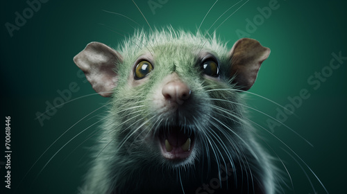 Ratte mit grünem Fell blickt ängstlich vor grünem Hintergrund. Nahaufnahme. Fotorealistische Illustration