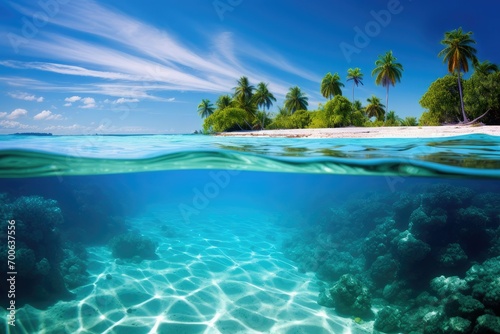 tropical paradise island, beach with coconut trees, beach with sky, seascape and sun on blue sky background