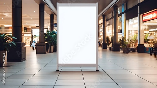 A mockup poster stand within a shopping centerة mall setting or high street, showcasing a wide banner design featuring ample blank space for your content