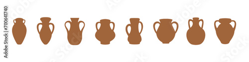 Set of different terracotta pottery with handles water jug plant pot flat vectors