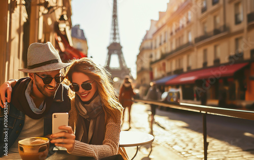 Couple taking selfie at Paris cafe with Eiffel Tower view. Shallow field of view.