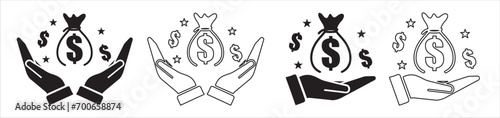 Dollar money icon, salary money, invest finance, hand holding dollar, line symbols on white background