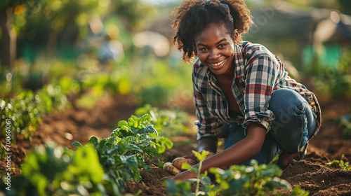 Portrait of the smiling happy young woman horticulturist eco farm worker on fertile soil with harvest organic potatoes. Concept of ecological environment