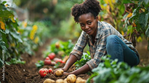 Portrait of the smiling happy young woman horticulturist eco farm worker on fertile soil with harvest organic potatoes. Concept of ecological environment