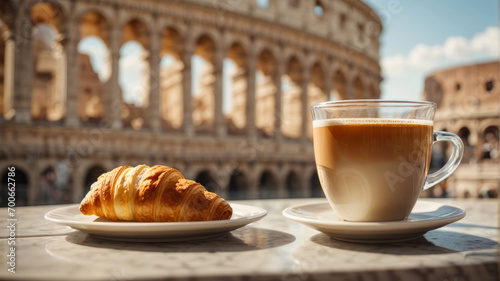 closeup of cappuccino and croissant on the table with blurred coliseum background in rome