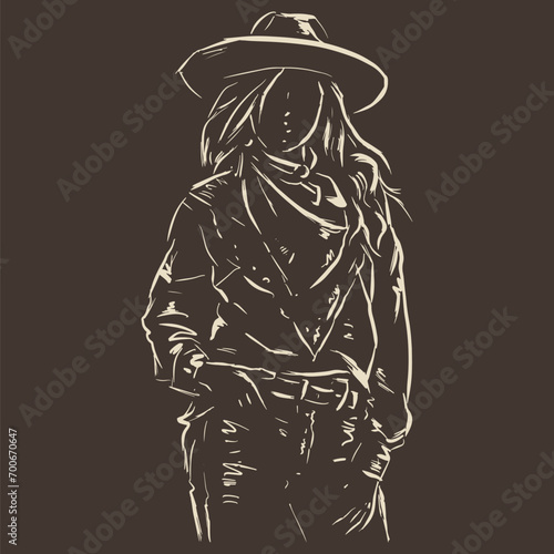 black and white illustration of cowgirl vector for card decoration illustration