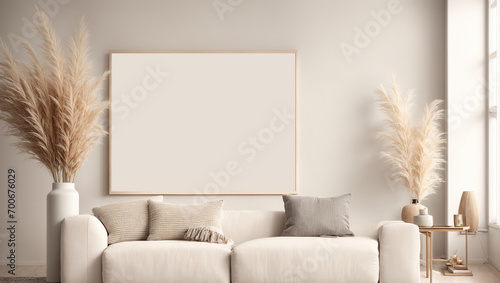 a mockup of a modern living room background with a beige sofa and pampas grass in a scandinavian style, featuring a blank horizontal poster frame.
