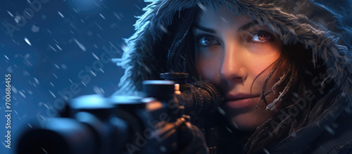 a female huntress using a gun in the snow