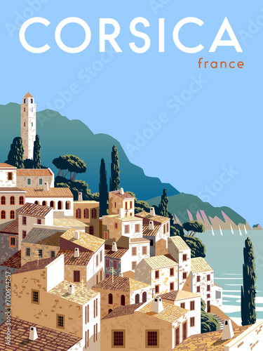 Corsica France Travel poster. Handmade drawing vector illustration. 