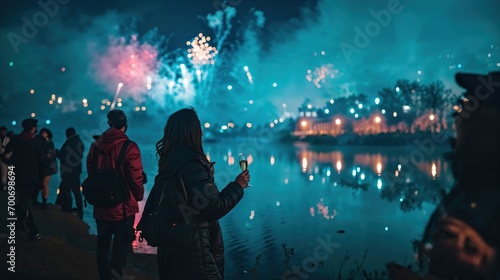feux d'artifice au bord de l'eau le soir pour célébrer un évènement festif