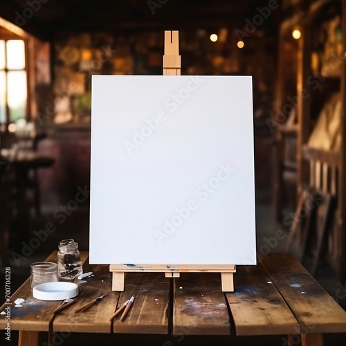 easel with blank canvas mockup on the table