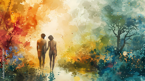 Adam and Eve holding hands in the Garden of Eden watercolor digital art