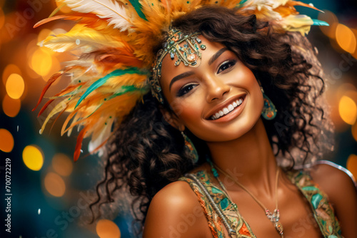 A stunning young lady in a shiny outfit and with a charming smile performs samba in the arena of the annual carnival event.
