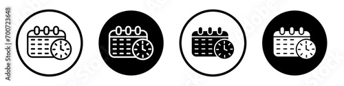 Schedule icon set. agenda deadline calendar vector symbol. meeting appointment calender icon in black filled and outlined style.