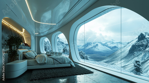 The interior of a futuristic hotel room with AI assistants in the icefields