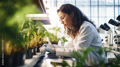 Female scientist in a lab coat examining plants with a microscope in a greenhouse