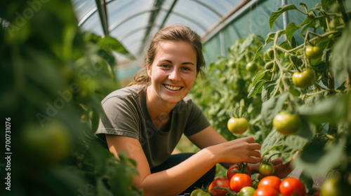 Smiling young woman in a greenhouse, picking ripe tomatoes