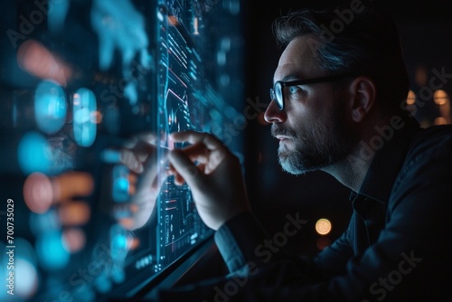 A business man in a moment of strategic focus, handling and analyzing data on a sizable screen, illustrating the integration of technology and business strategy.