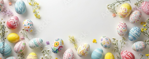 Easter banner with colorful Easter Egg double side border over a white background. Top view with copy space.
