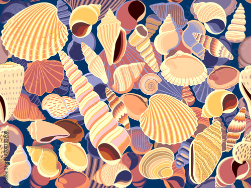 Seamless pattern with colourful seashells and mollusks. Handmade drawing vector background. Template wallpaper for interior designs, beauty, wrapping paper. 