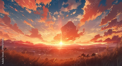 illustration of a sunset view seen from the top of a hill