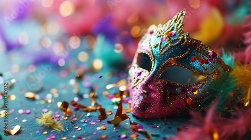 Bright multicolored carnival mask, festival and entertainment concept, space for text