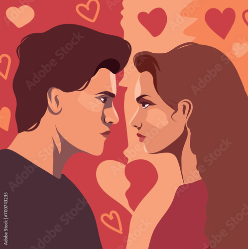 Vector illustration of a couple in love on a background of hearts quarrel family psychology of relationships discord in the family postcard for February 14 Valentine's Day