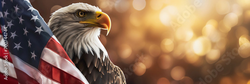 Patriotic banner with bald eagle and American flag on bokeh background