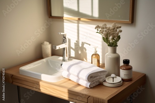 Vanity with bare base and personal care items for morning ritual.