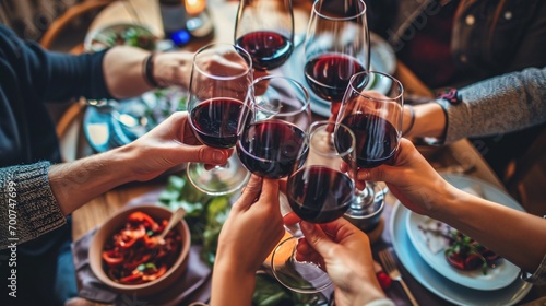 Joyful companions clinking crimson wine goblets at social gathering, group enjoying midday meal at pub eatery, lifestyle idea of friends and acquaintances dining and drinking.
