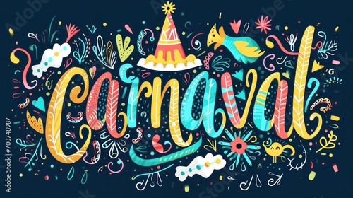 Hand drawn Carnaval Lettering. Carnival Title With Colorful Party Elements, confetti and brasil samba dansing