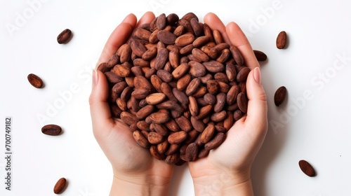 Overhead shot of woman’s hands holding cocoa beans isolated on white background