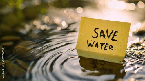The text SAVE WATER written in a sticky note, sticky note on the water