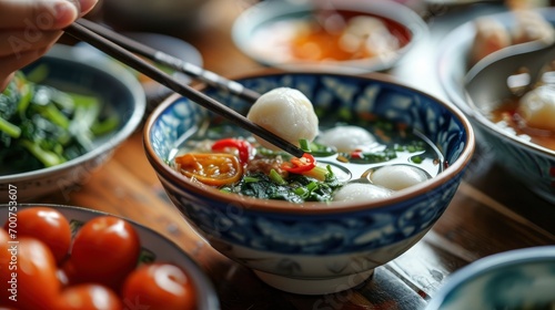 Eating homemade white small tangyuan with savory soup and vegetable.