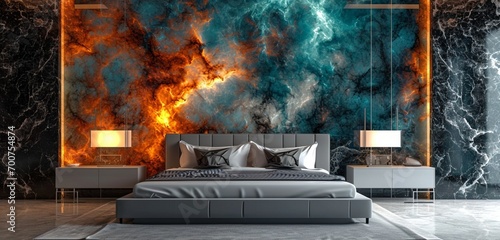 A modern bedroom showcasing a 3D intricate wall with a neon abstract galaxy design in a mesmerizing combination of orange and teal complemented by a sleek silver bed
